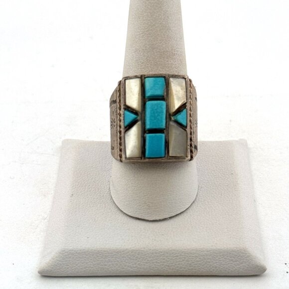 Designer Jewelry - Estate Sterling Silver 925 Turquoise & Mother of Pearl Inlay Ring Size 10